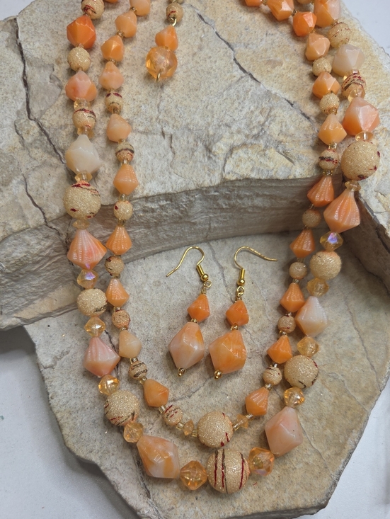 Jewelry - Gold-Tone Peach Beaded Necklace & Earrings Set